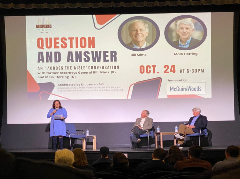 Above (left to right): Dr. Lauren Bell introduces former Attorney Generals Bill Mims (Republican) and Mark Herring (Democrat)